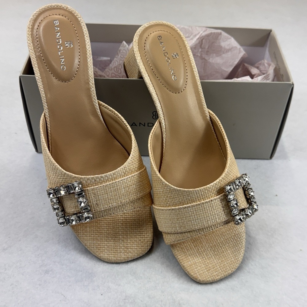 Bandolino Loryce2 Block Heel Sandals Wmns 7.5 Natural Raffia Crystal Buckle Glam